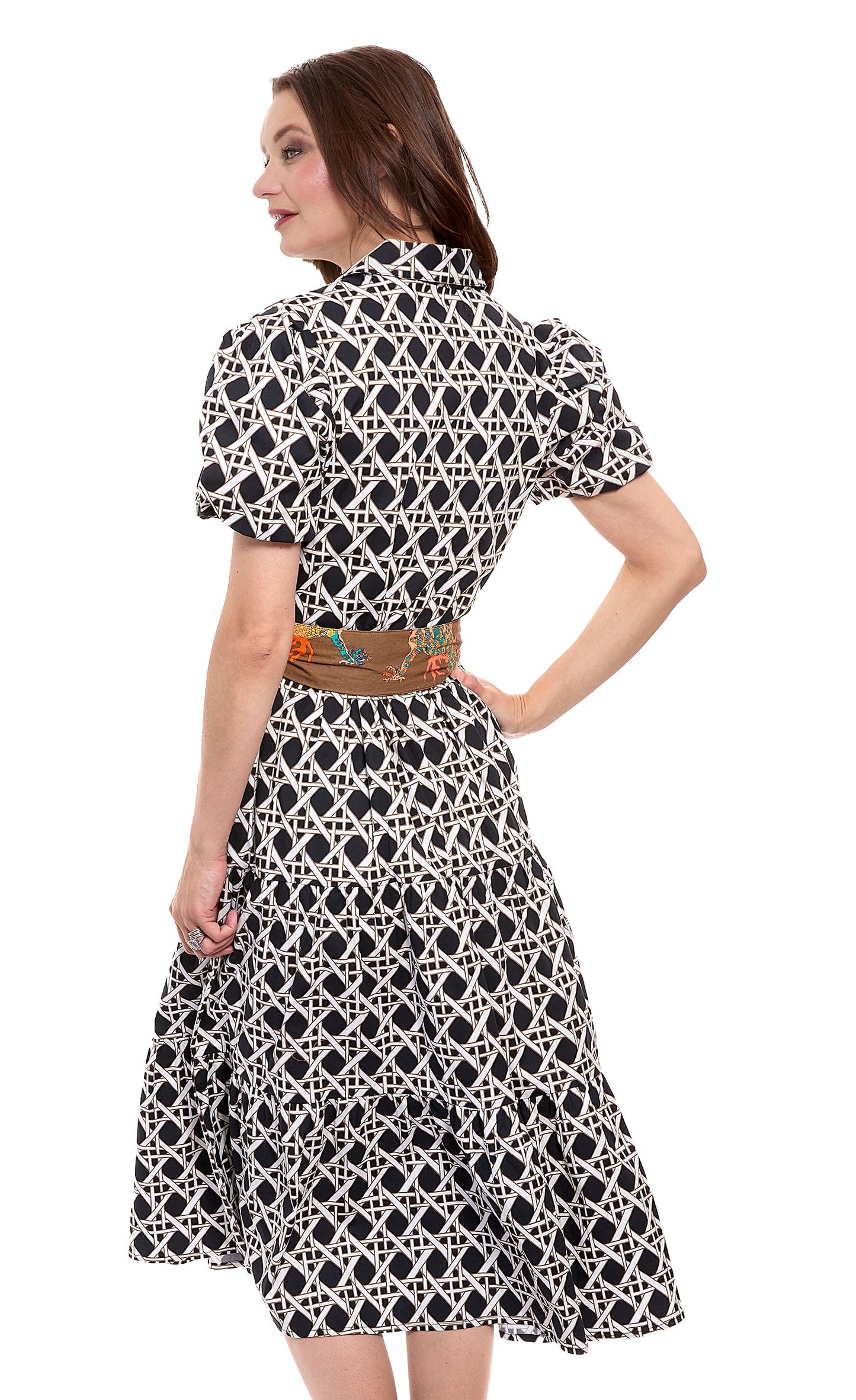 Litchfield Dress Black and White Wicker Print Cotton Stretch Poplin