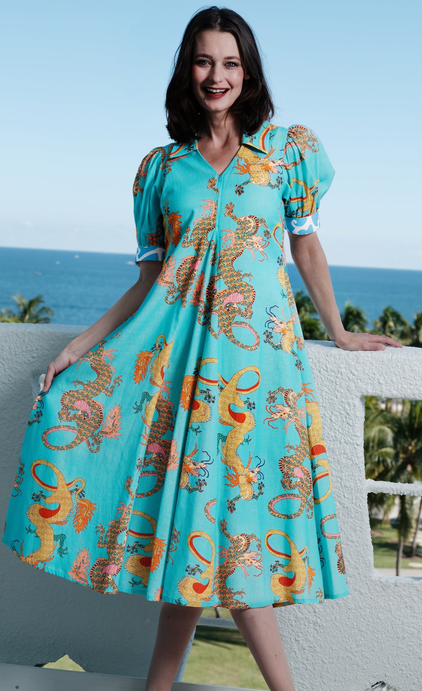Montauk Dress Linen Cotton Turquoise Dragons Print