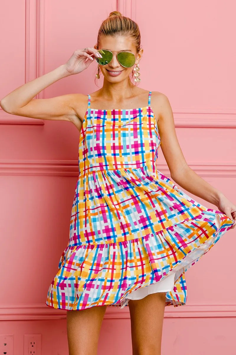 BiBi Multi Colors Plaid Sleeveless Sun Dress
