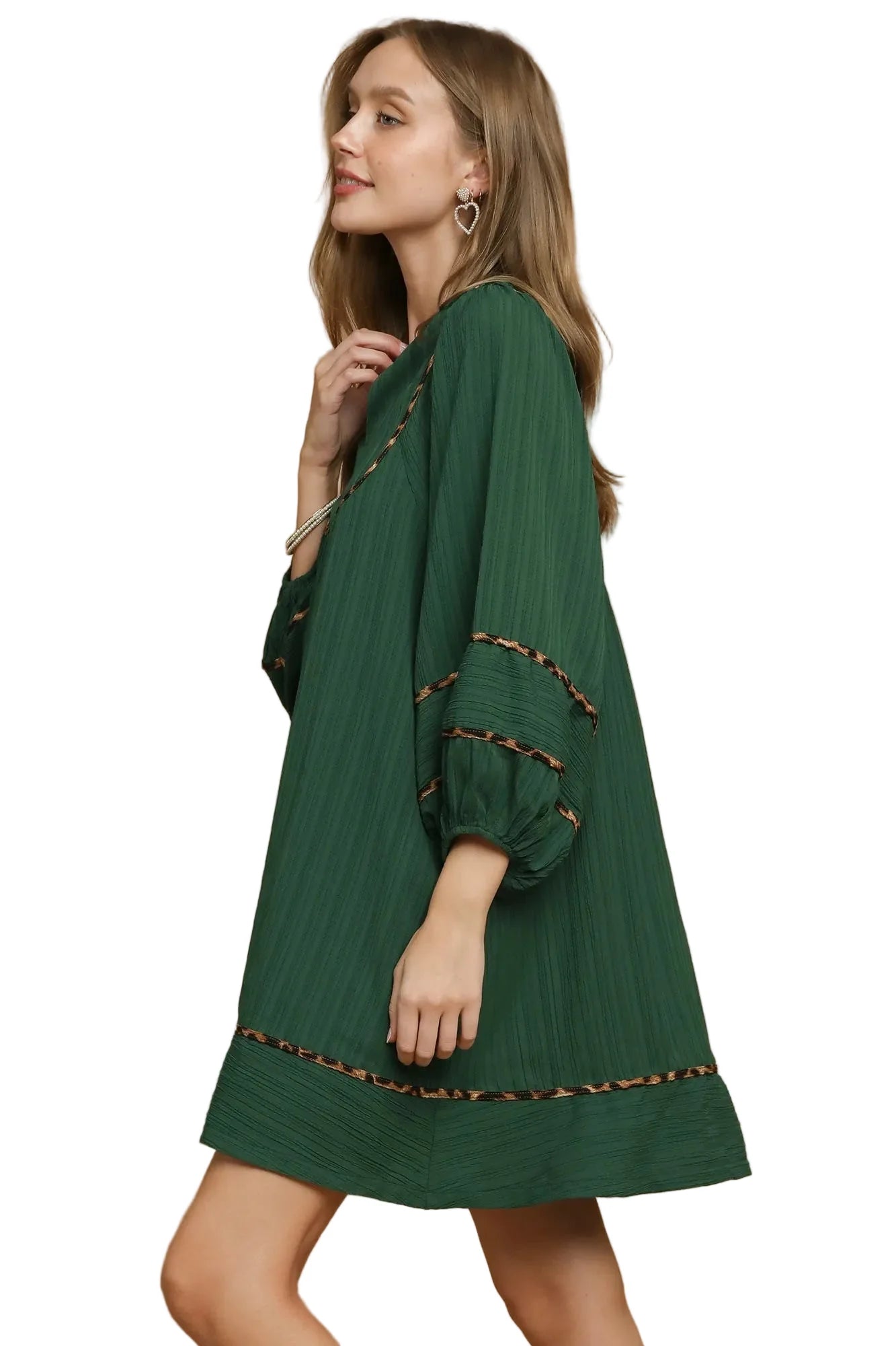 Garden Naked Womens Casual Shift Dress Boho Leopard Trim Pleated Babydoll Mini Green Balloon Sleeve Daily Wear