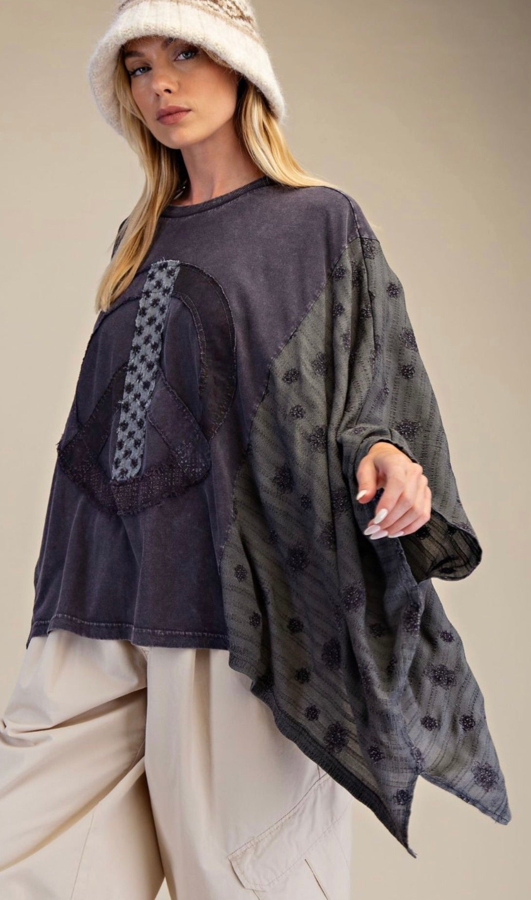 E12 Easel Black Mineral Washed Peace Sign Poncho Top