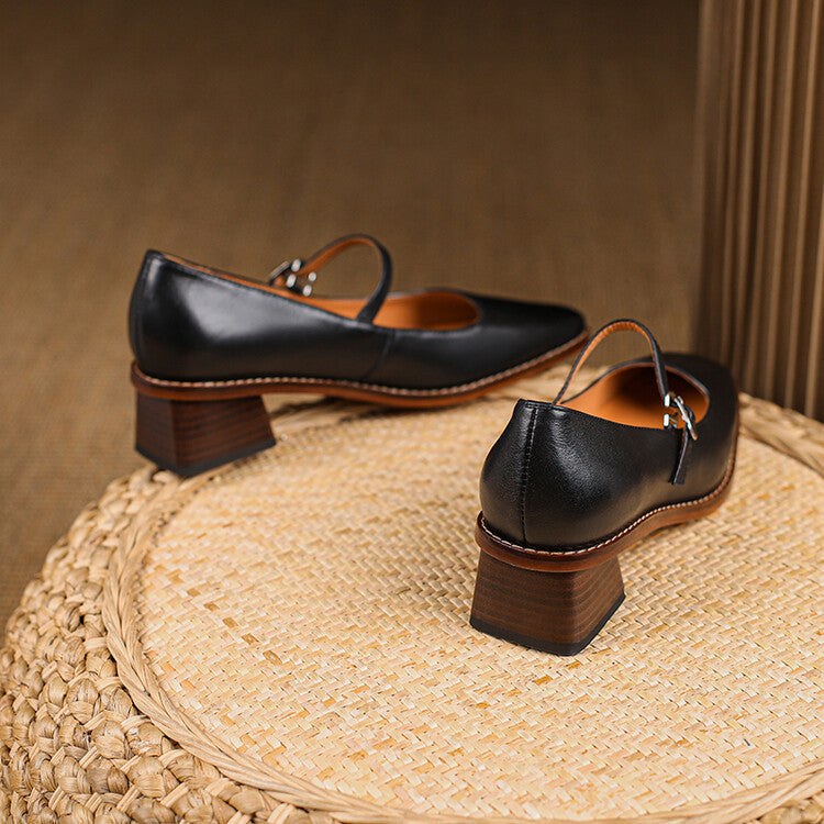 Retro Square Toe Chunky Heel Leather Pumps - Genuine Cowhide Leather Women's Shoes