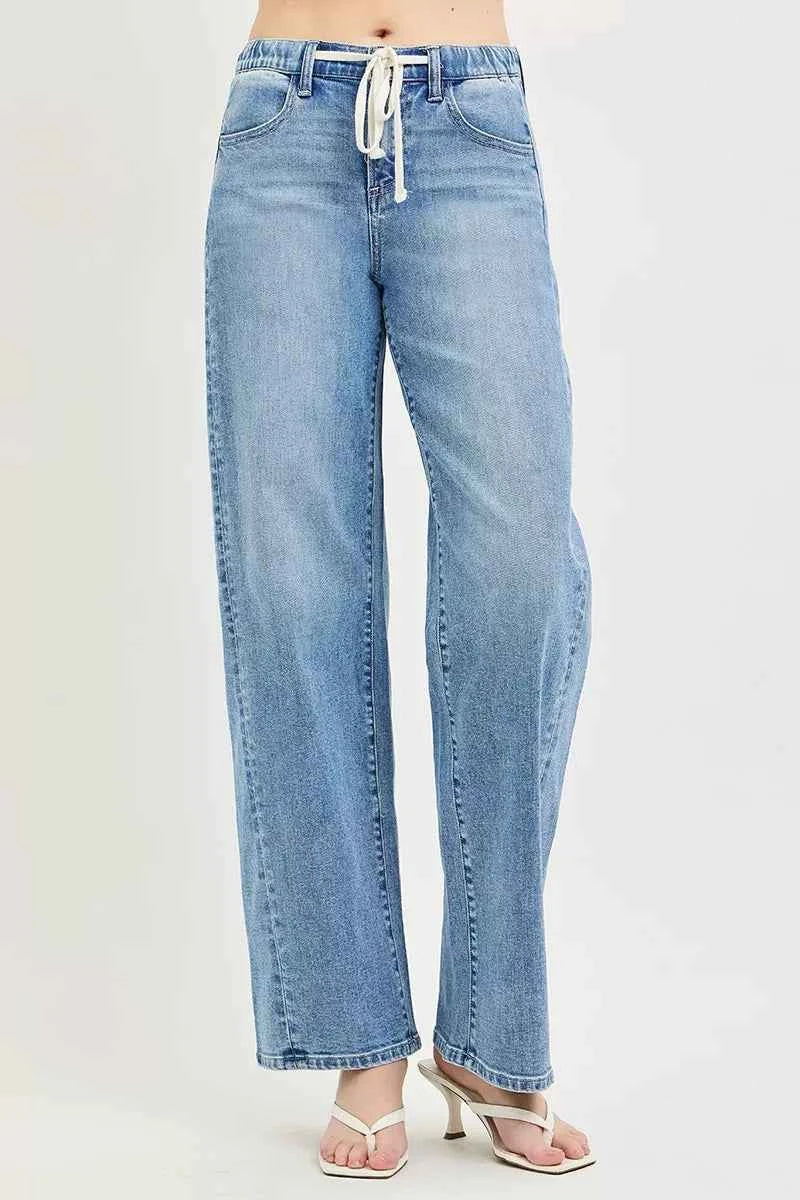 Light Wash Relaxed Fit Drawstring Waist Jeans by Risen