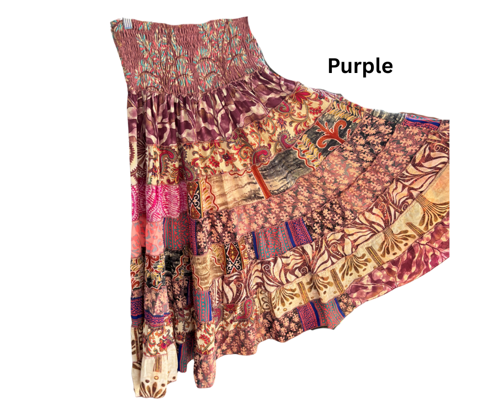 KH1 Karma Highway Bright Multicolor Patchwork Tiered Boho Maxi Skirt Pull on Smocked Waist Plus Size