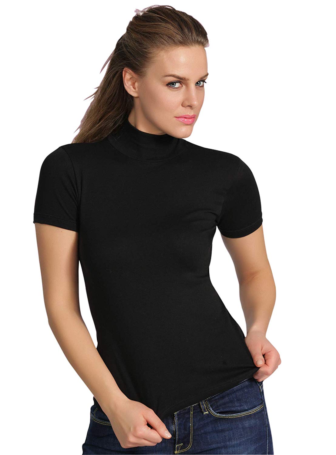 BASIC COTTON Free Spirit Premium Quality Cotton Women's Mock-Neck Short Sleeve Shirt Made in Italy (676)