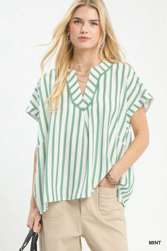 Umgee Mixed Stripe Split Neck Oversized Blouse