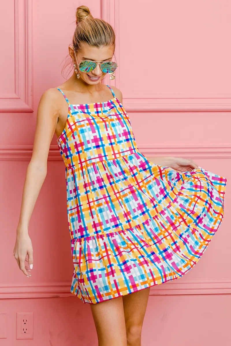 BiBi Multi Colors Plaid Sleeveless Sun Dress