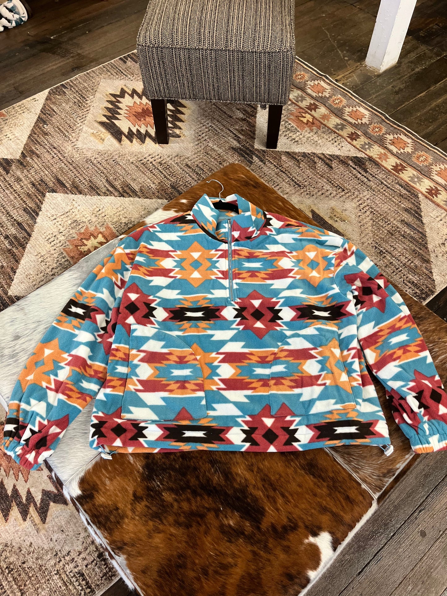 Blue B "Santa Fe" Aztec Sherpa Fleece Zip-Up Western Pullover Sweatshirt — Side Pocket with Adjustable Toggle Cords