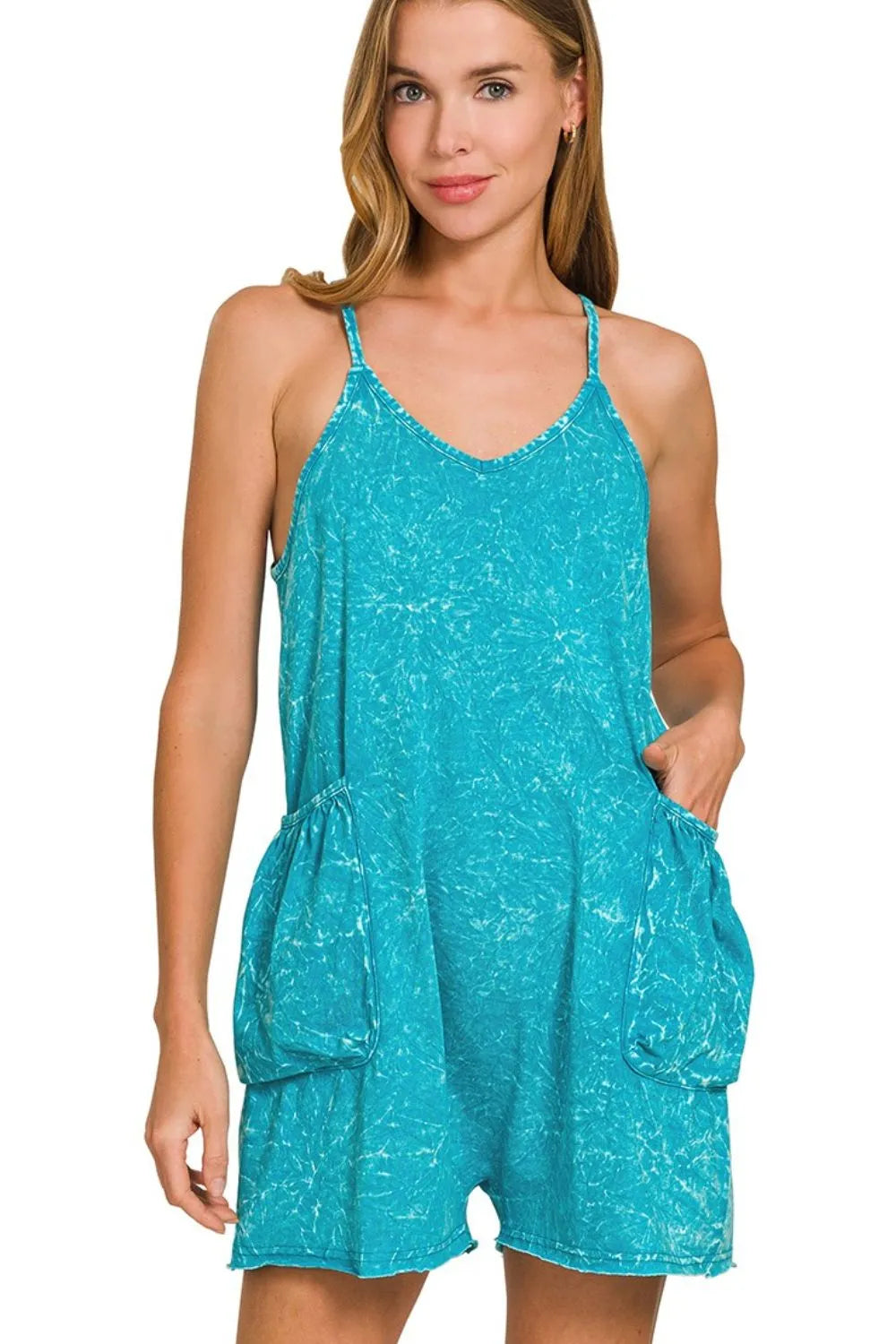 Zenana Acid Crinkle Washed Spaghetti Strap Romper