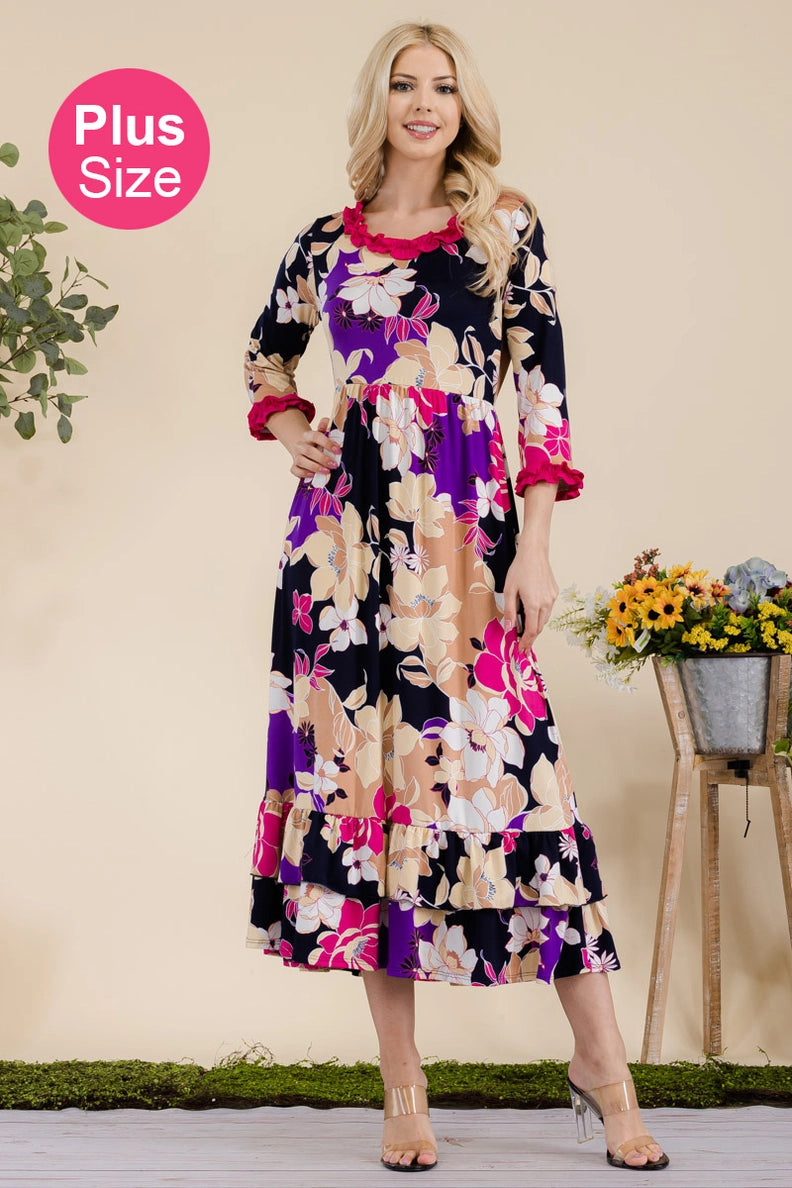 C1 Celest Floral Ruffle Midi-Dress with 3/4 Sleeves Plus Size