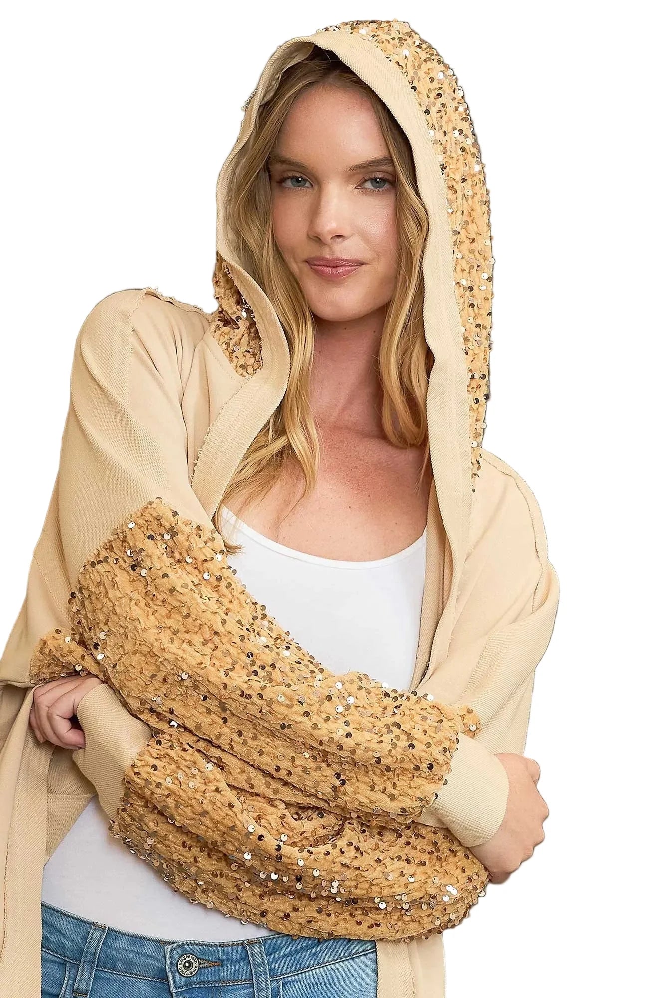 Garden Naked Womens Casual Bomber Jacket Sequin Embellished Hooded Cardigan Sparkly Beige Evening Party