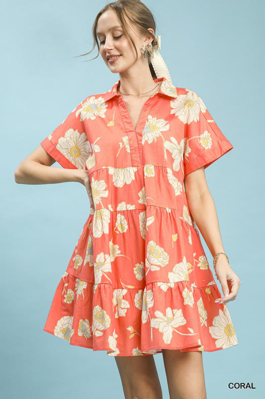 Umgee Floral Tiered Collared Babydoll Dress