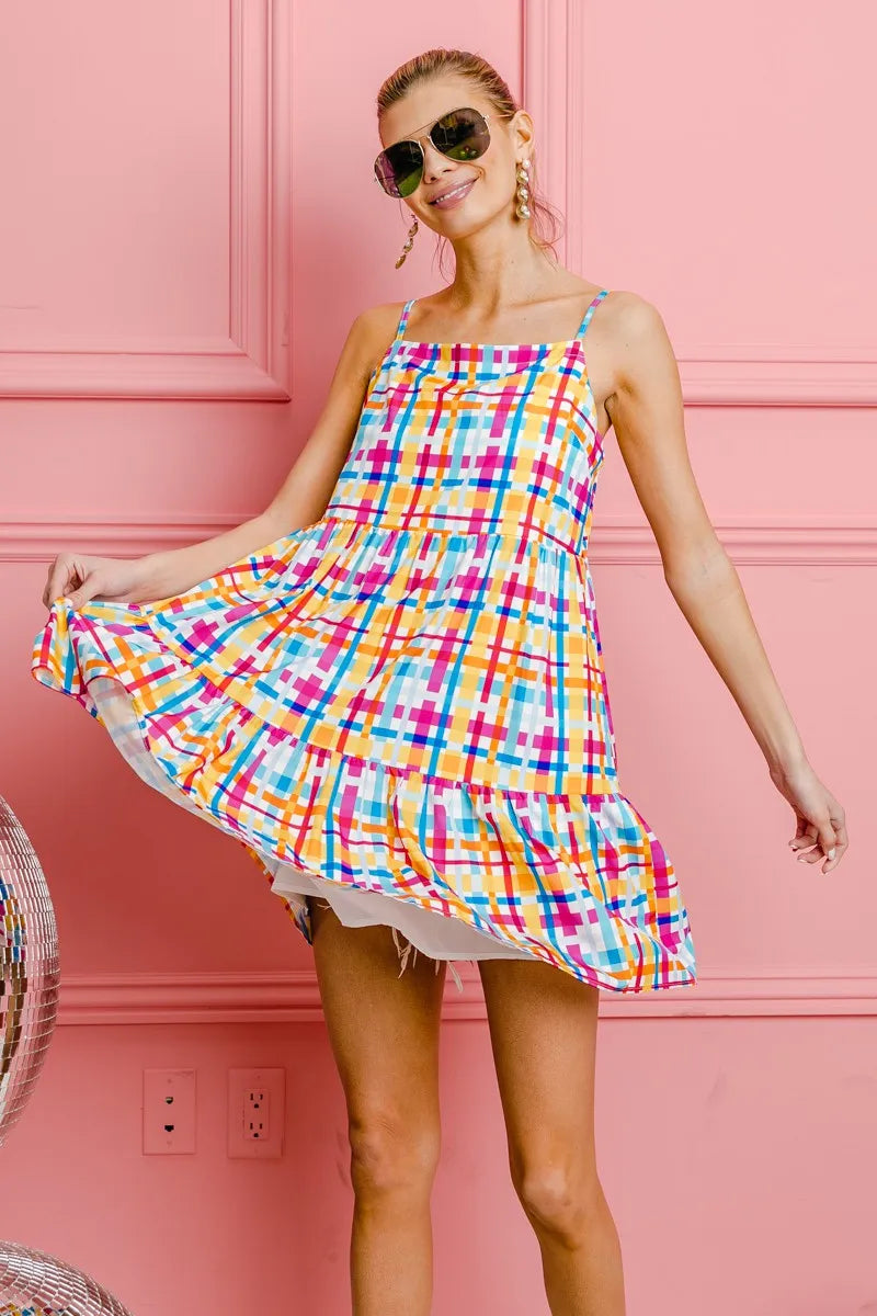 BiBi Multi Colors Plaid Sleeveless Sun Dress