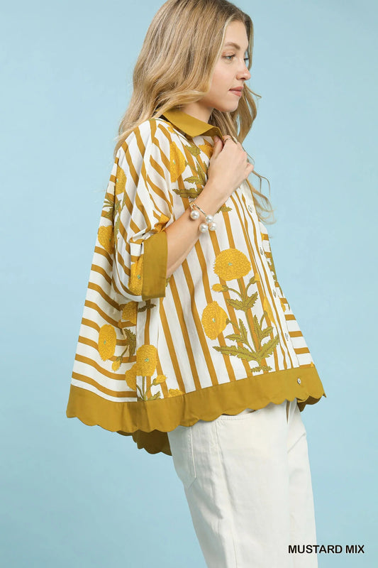 Umgee Mix Floral Stripe Button Down Top
