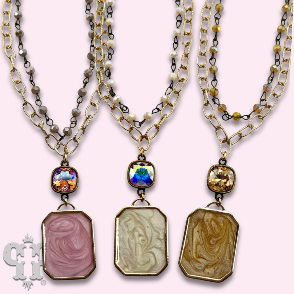 Pink Panache Brands - Double strand necklace with Austrian crystal pendant