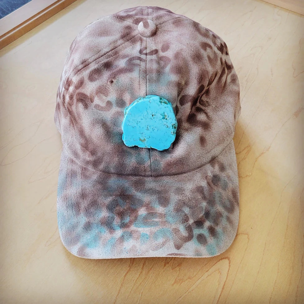 JJH1T Hand-Painted Leopard Suede Baseball Cap w/ Turquoise-Ivory