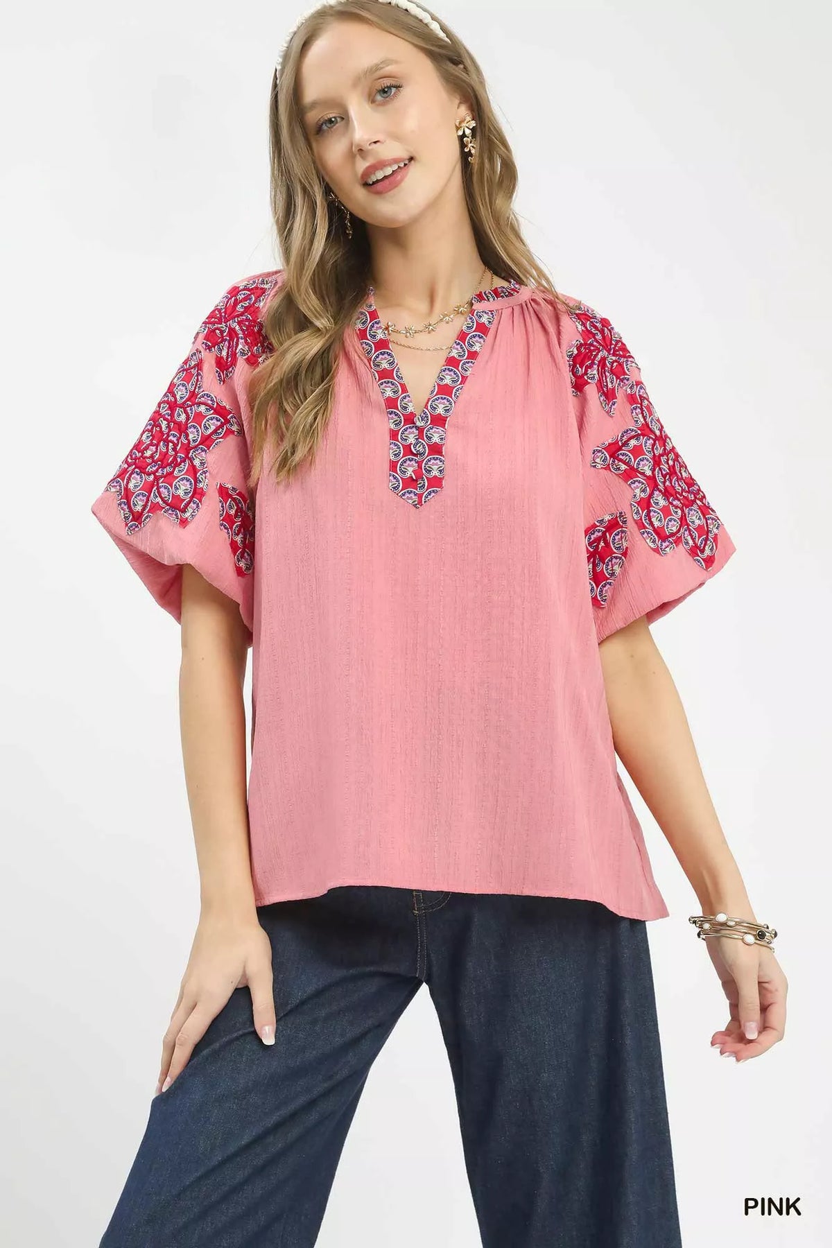 Umgee Embroidered Sleeve Contrast Trim Top