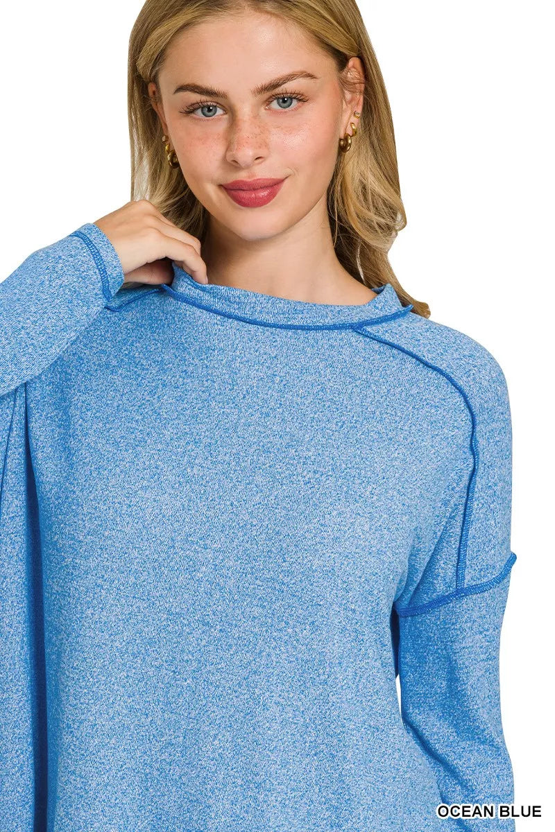 Zenana Full Size Melange Hacci Exposed Seam Hi-low Tee Plus Size