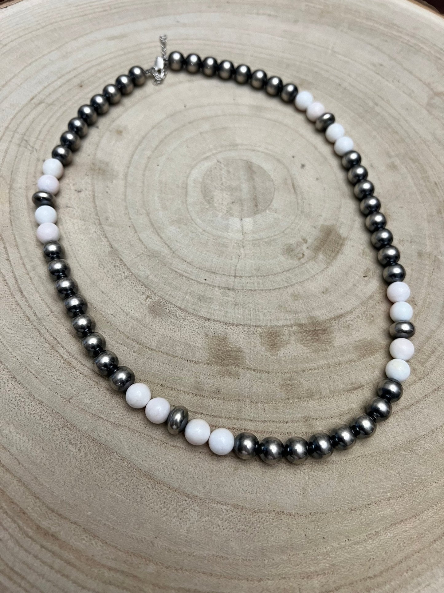 8mm Sterling Pearl, Saucer & Pink Conch Necklace — 19 inch
