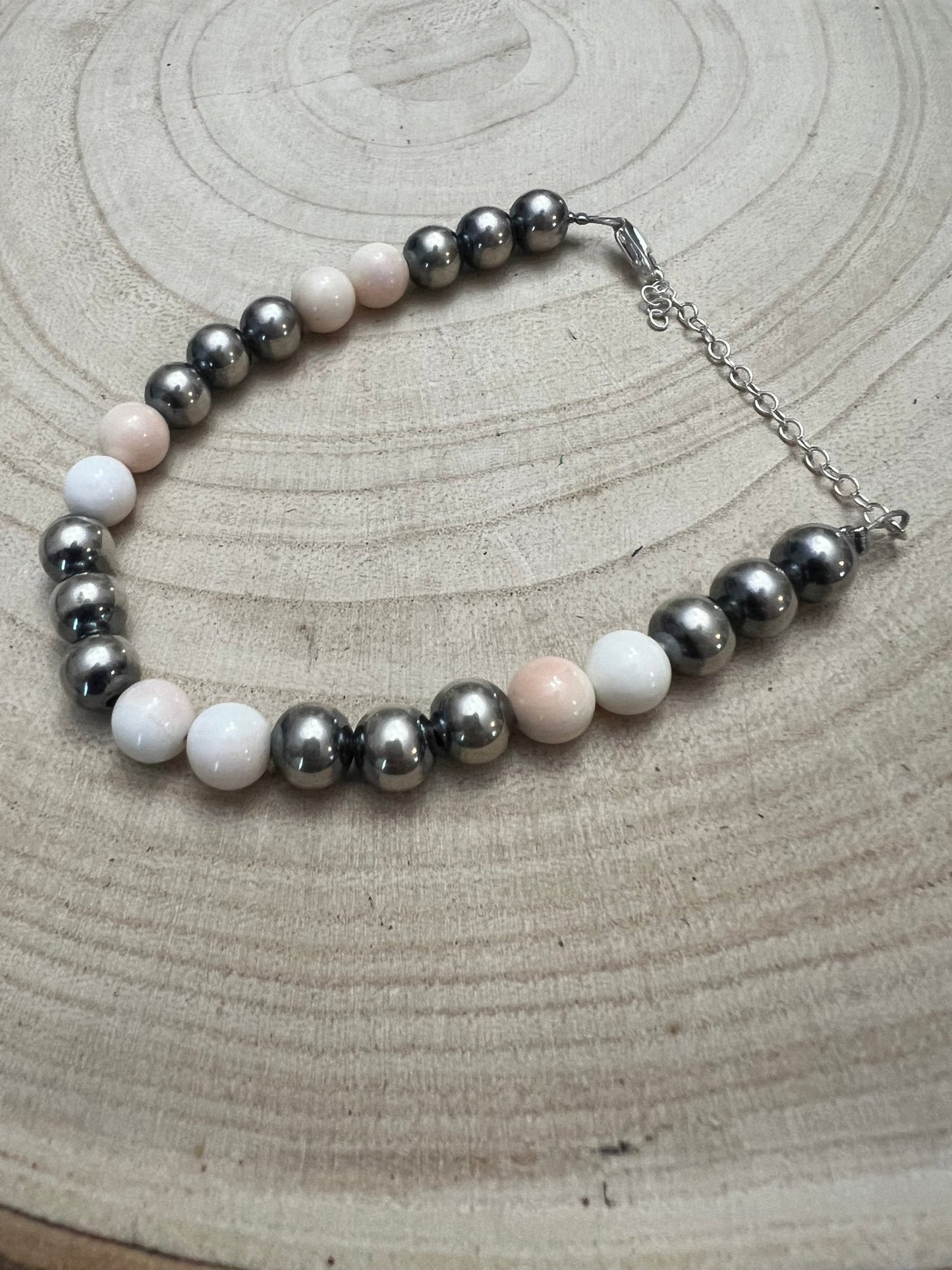 8mm Sterling Pearl Bracelet with Pink Conch — 6 inch