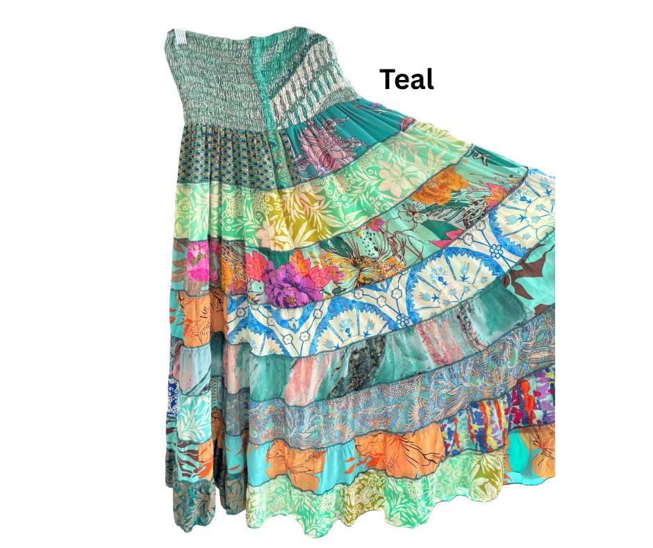 KH1 Karma Highway Bright Multicolor Patchwork Tiered Boho Maxi Skirt Pull on Smocked Waist Plus Size