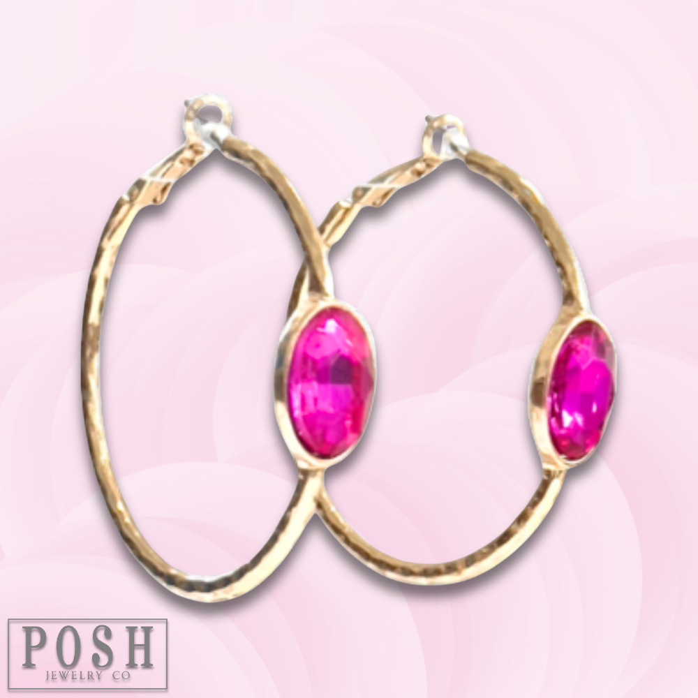 Rhinestone oval hammered hoop earring