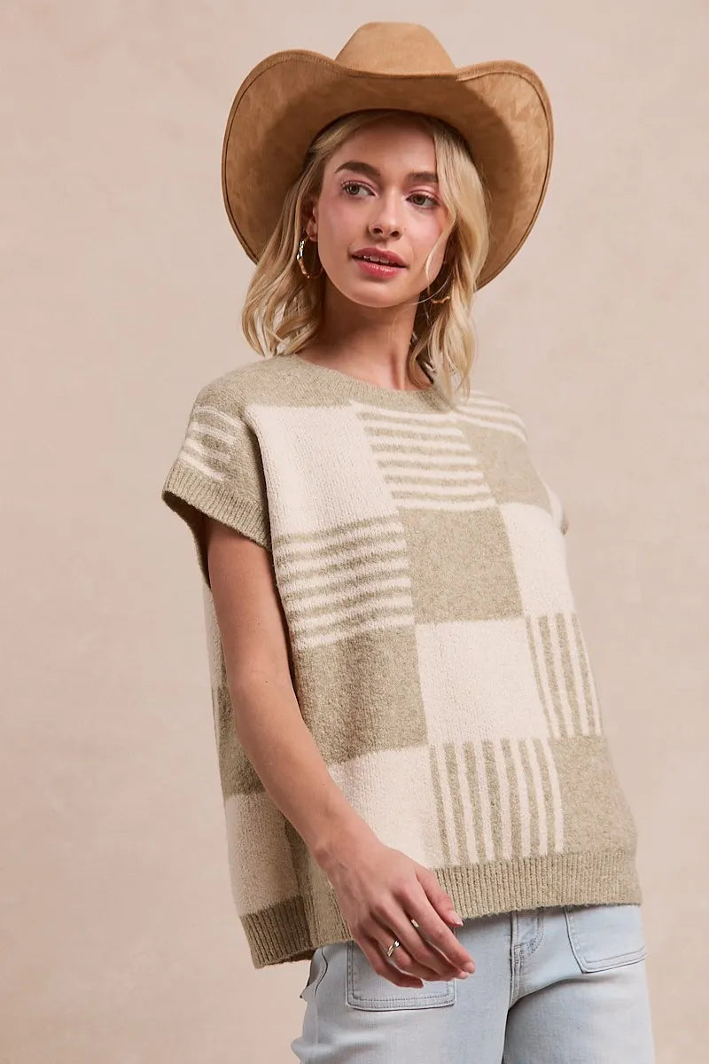 BiBi Checker With Stripes Pattern Sleeveless Sweater