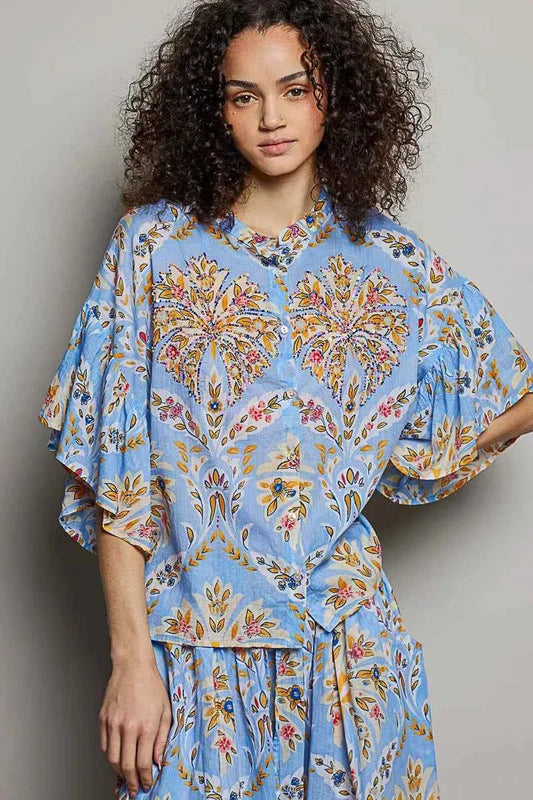 Blue Multi Floral Printed Woven Ruffle Sleeve Button Front Shirt by POL