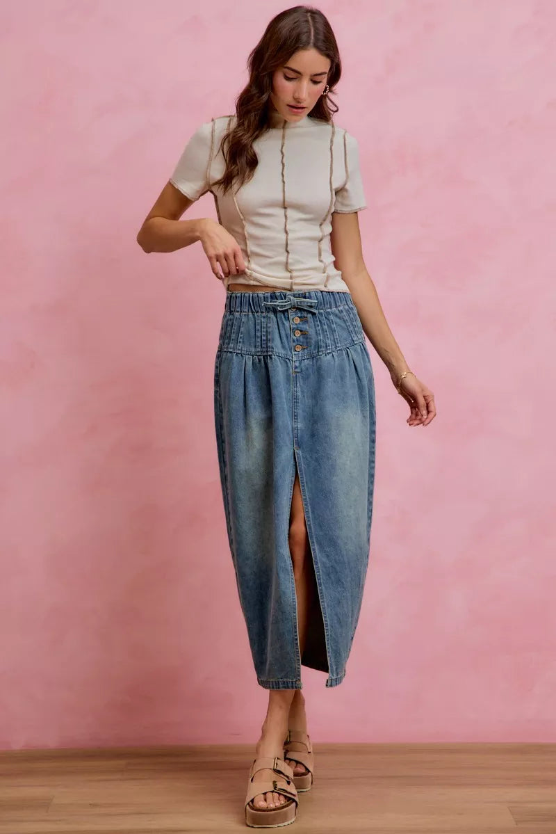 Denim Pleated High Waist Button Slit Front Maxi Skirt by So Me