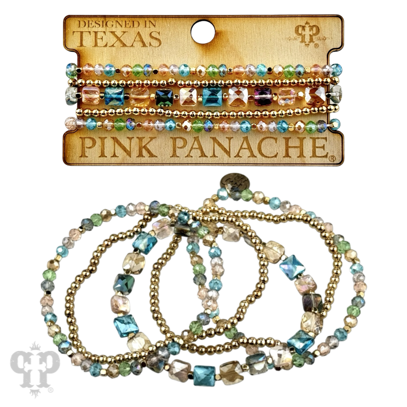 Square and round faceted bead bracelet stack