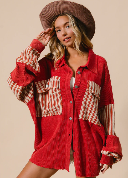 B2 BiBi OVERSIZED Thermal Knit Shacket in Crimson
