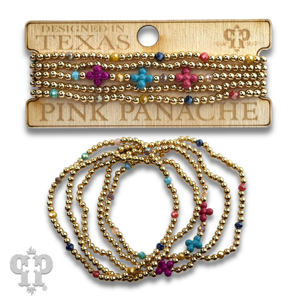 Multi-color cross and gold bead bracelet