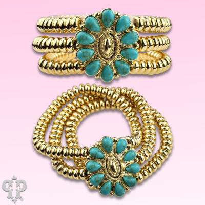 Turquoise concho charm and 18k gold dipped bead bracelet