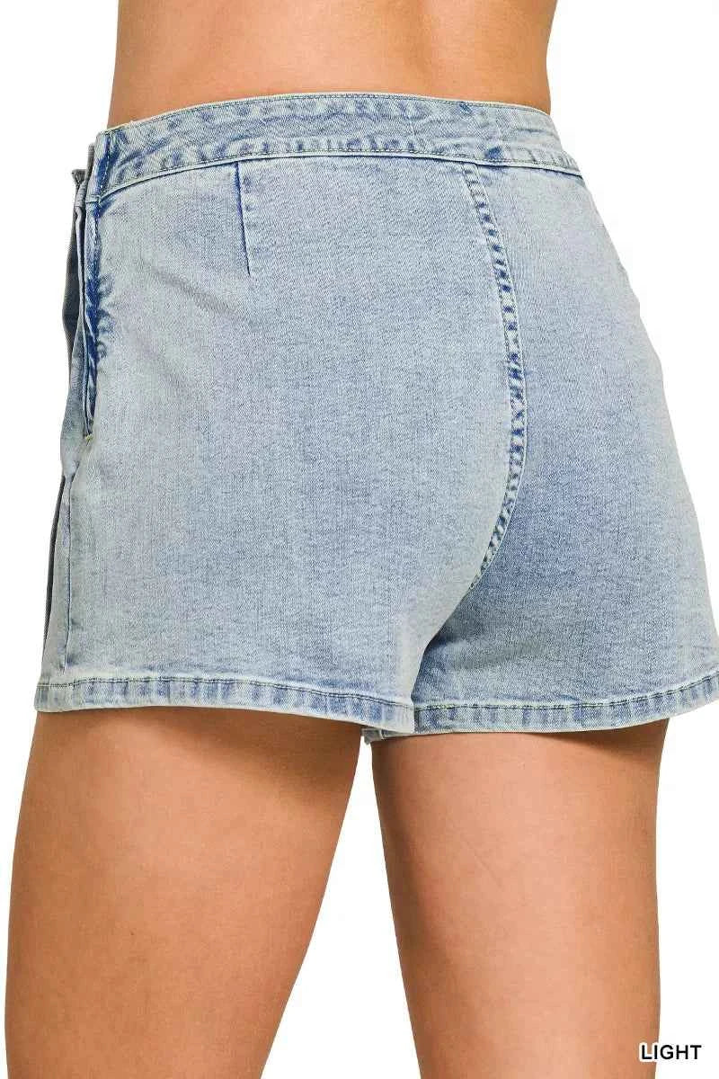 Light Wash Denim Wrap Skort with Button Detail by Zenana