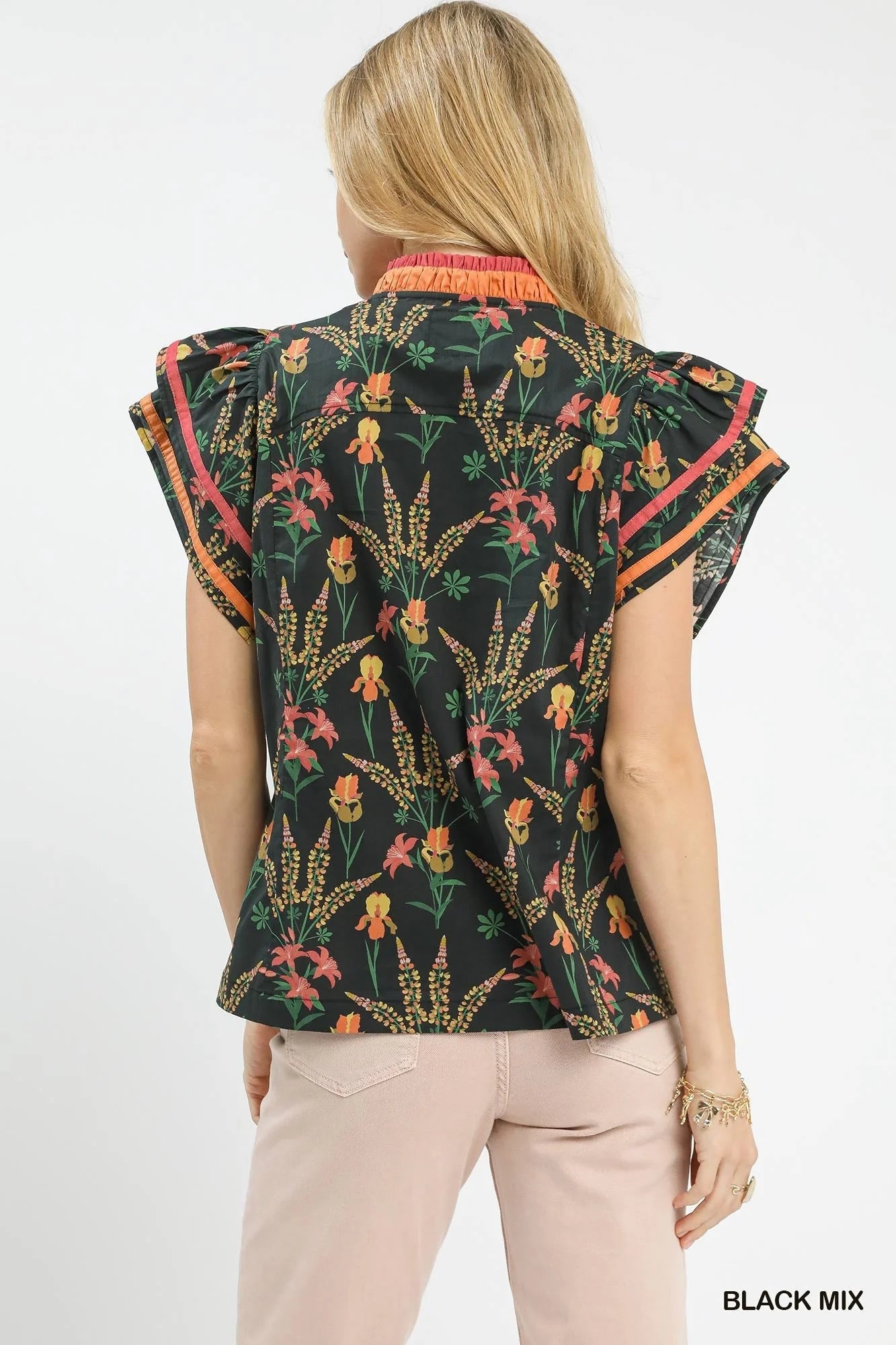 Black Mix Floral Print Blouse with Contrast Trim by Umgee
