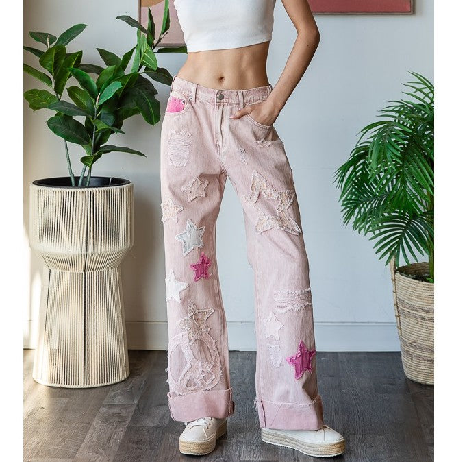 OH2 OLI & HALI PINK WASHED STAR PATCHWORK DETAIL DENIM