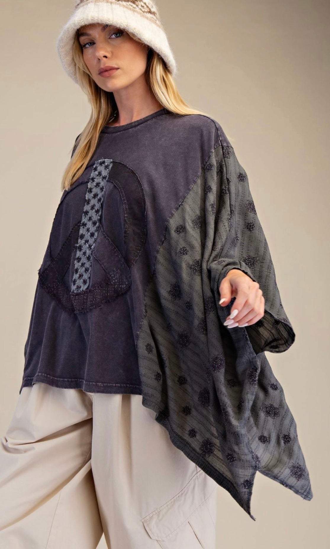 E12 Easel Black Mineral Washed Peace Sign Poncho Top