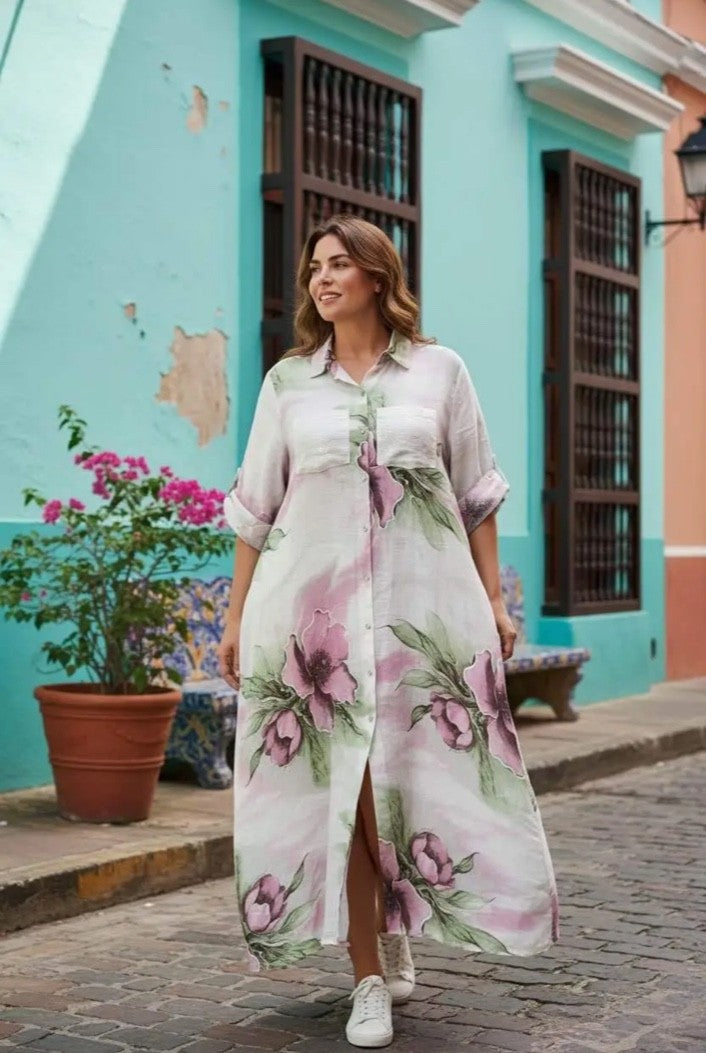 Italian Petals & Linen Dress Fits up to 2X