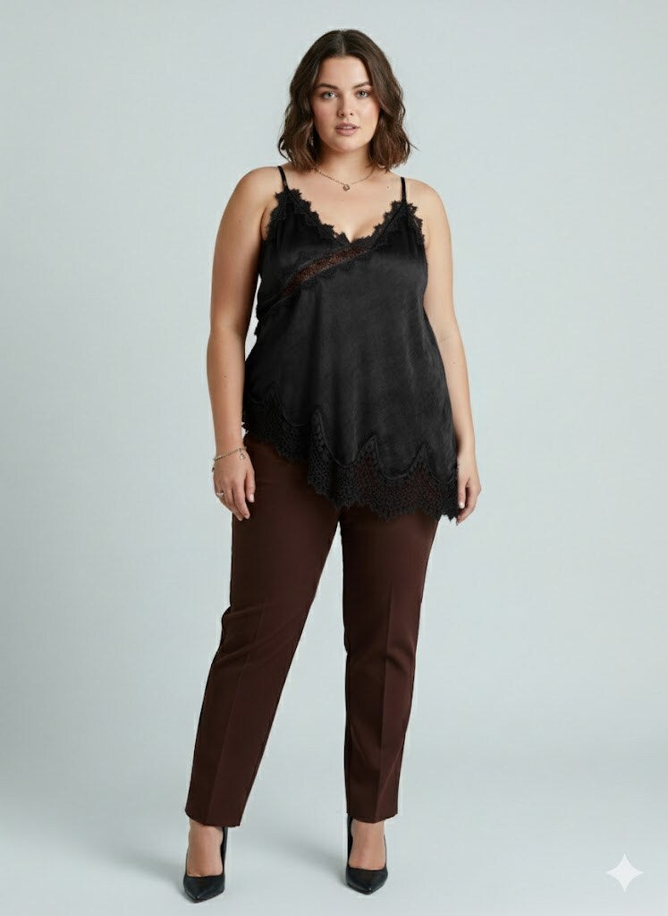 CM2 Flowing Satin Italian Top with Elegant Lace and Delicate Straps Plus