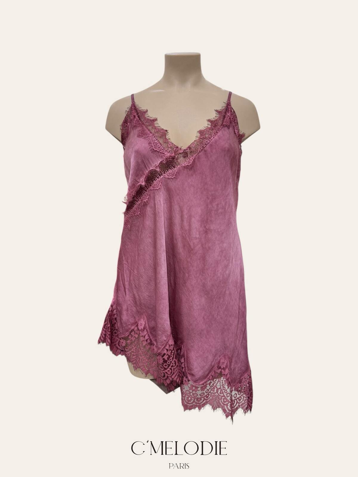 CM2 Flowing Satin Italian Top with Elegant Lace and Delicate Straps Plus