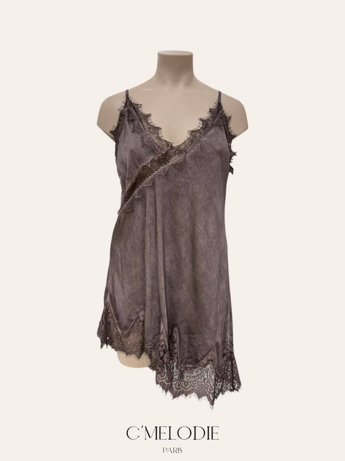 CM2 Flowing Satin Italian Top with Elegant Lace and Delicate Straps Plus