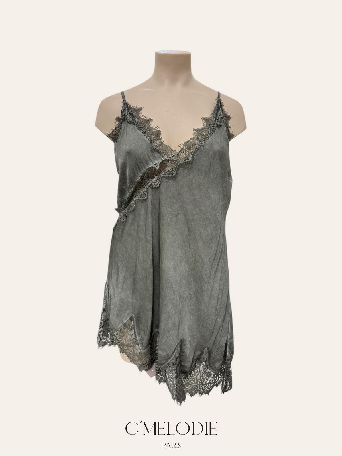 CM2 Flowing Satin Italian Top with Elegant Lace and Delicate Straps Plus