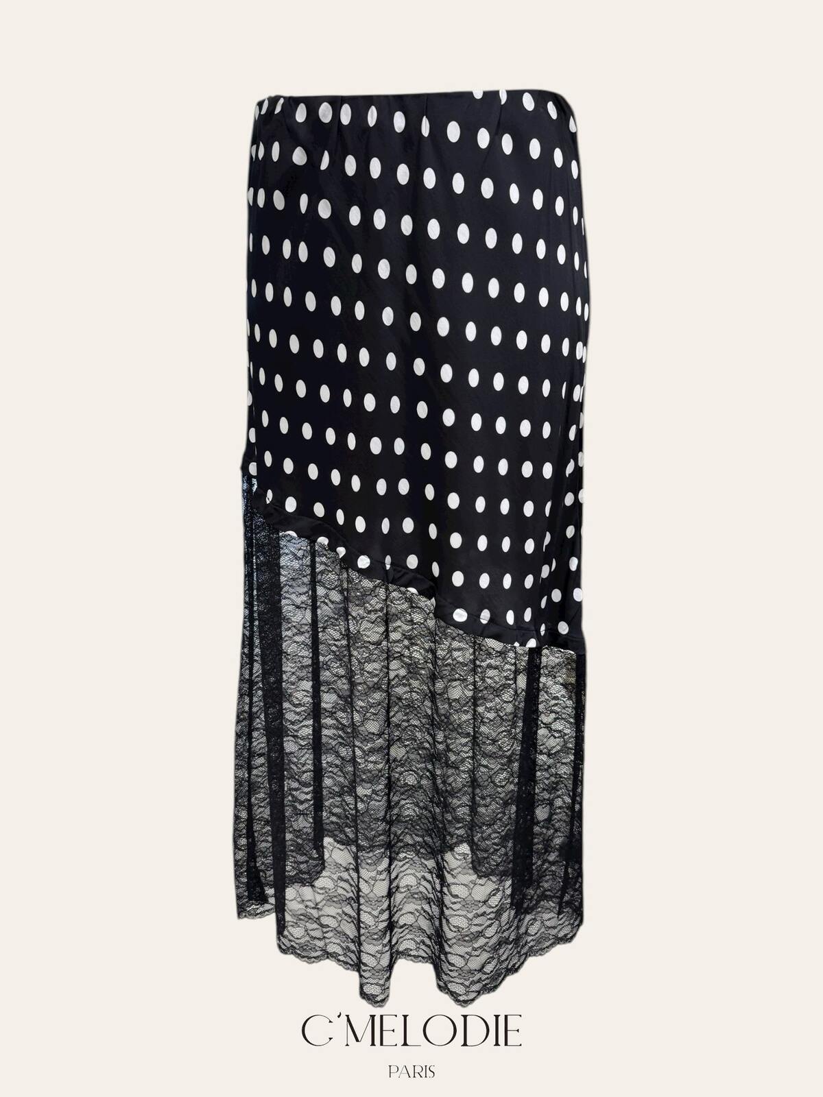 CM3 Italian Black Asymmetric Polka Dot and Lace Maxi Skirt Plus