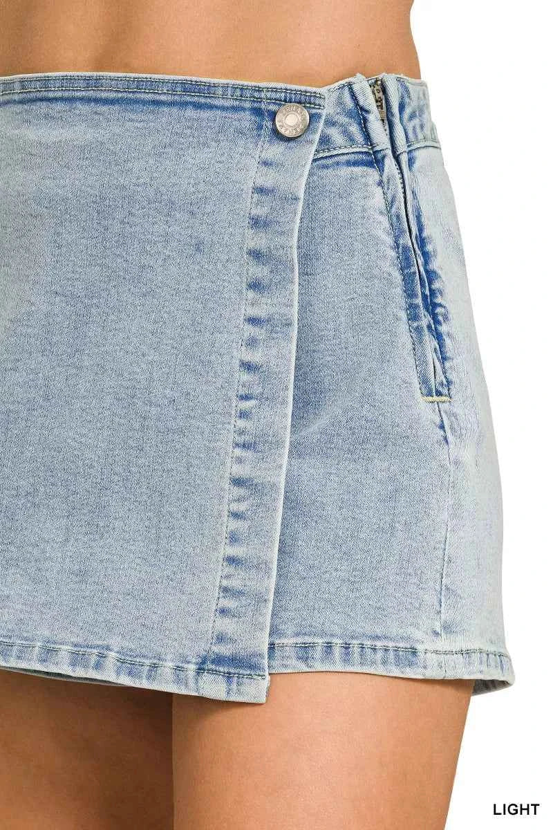 Light Wash Denim Wrap Skort with Button Detail by Zenana