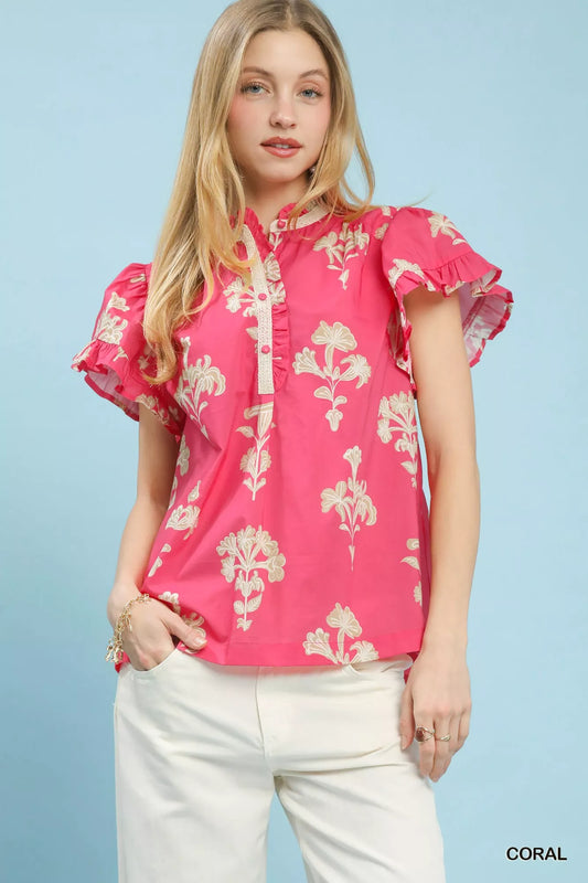 Coral Floral Ruffle Sleeve Split-Neck Top by Umgee