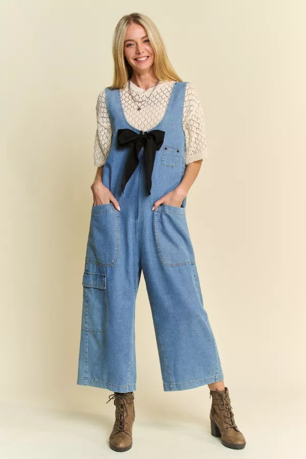 D1 Davi & Dani Soft Washed Denim Jumpsuit with Bow and Front Zip Plus Size