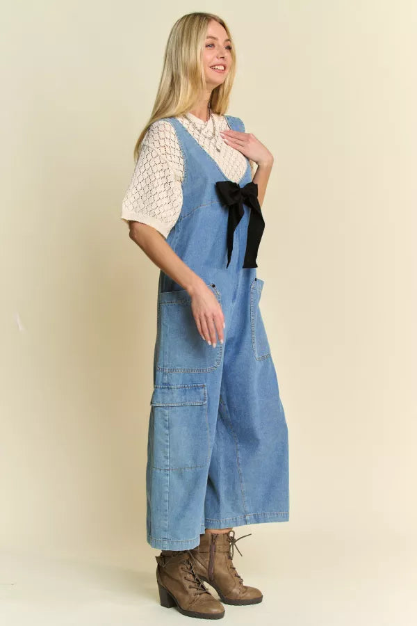 D1 Davi & Dani Soft Washed Denim Jumpsuit with Bow and Front Zip Plus Size