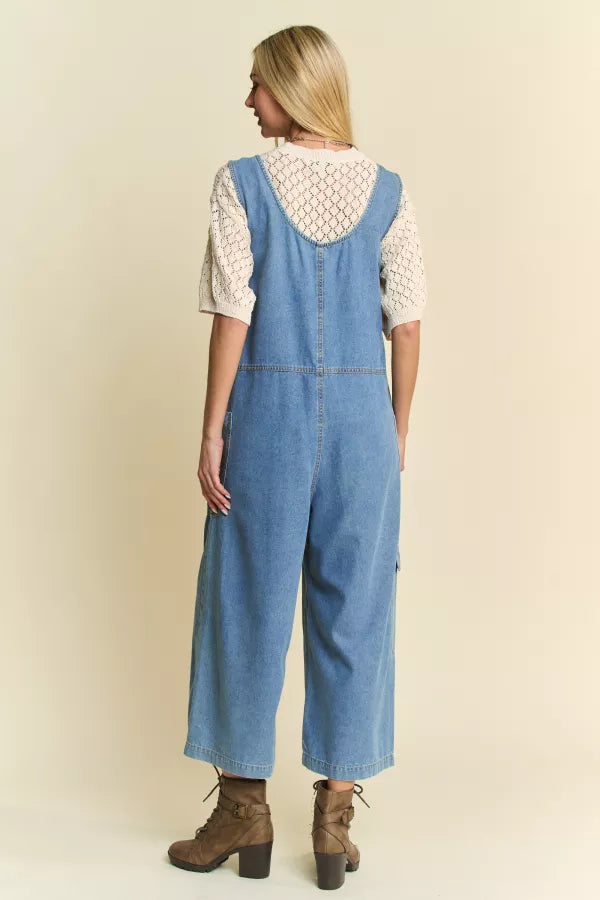 D1 Davi & Dani Soft Washed Denim Jumpsuit with Bow and Front Zip Plus Size