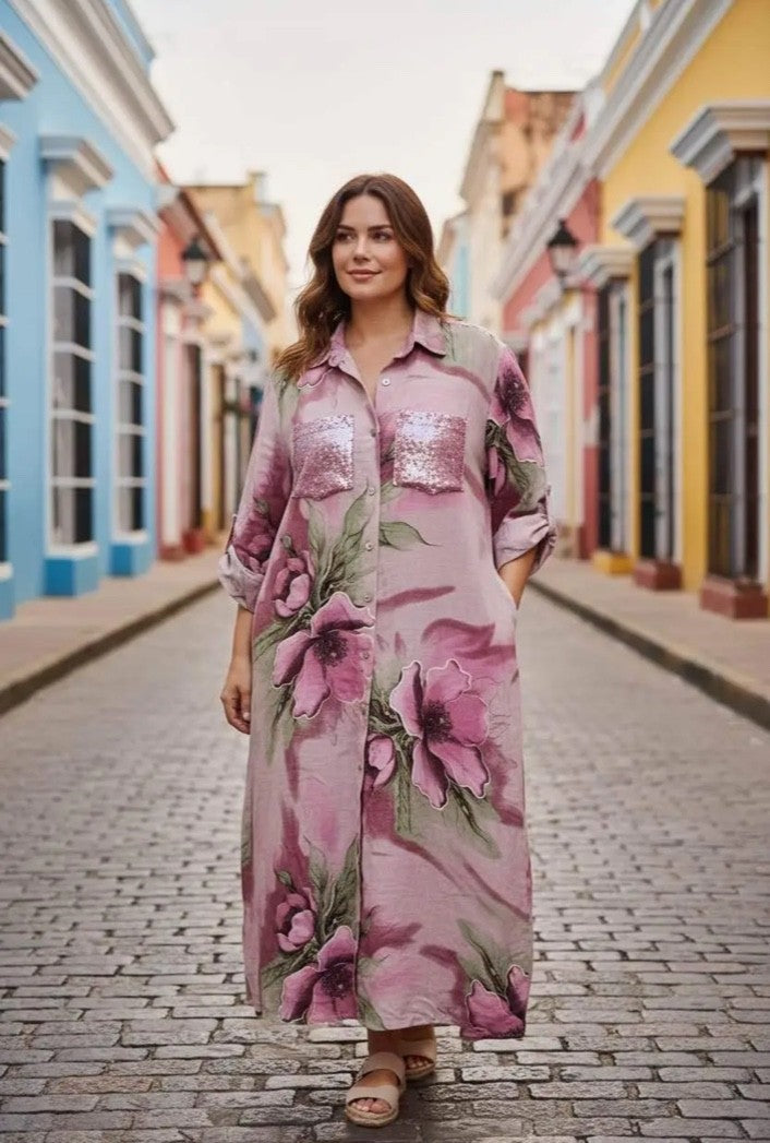 Italian Petals & Linen Dress Fits up to 2X