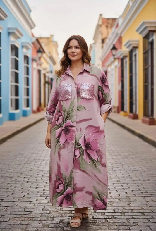 Italian Petals & Linen Dress One Size Fits Medium up to 2X